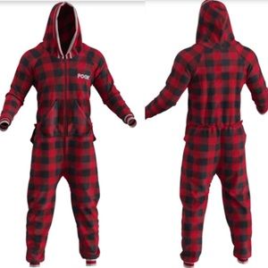 Pook UNISEX Red Black Buffalo Plaid Velcro Back Hood Fleece Onesie Pajama